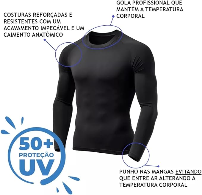 Kit 3 Camisetas Térmicas Proteção Solar Uv 50+ Manga Longa Dry Fit (AZUL PRETA CINZA, GG)